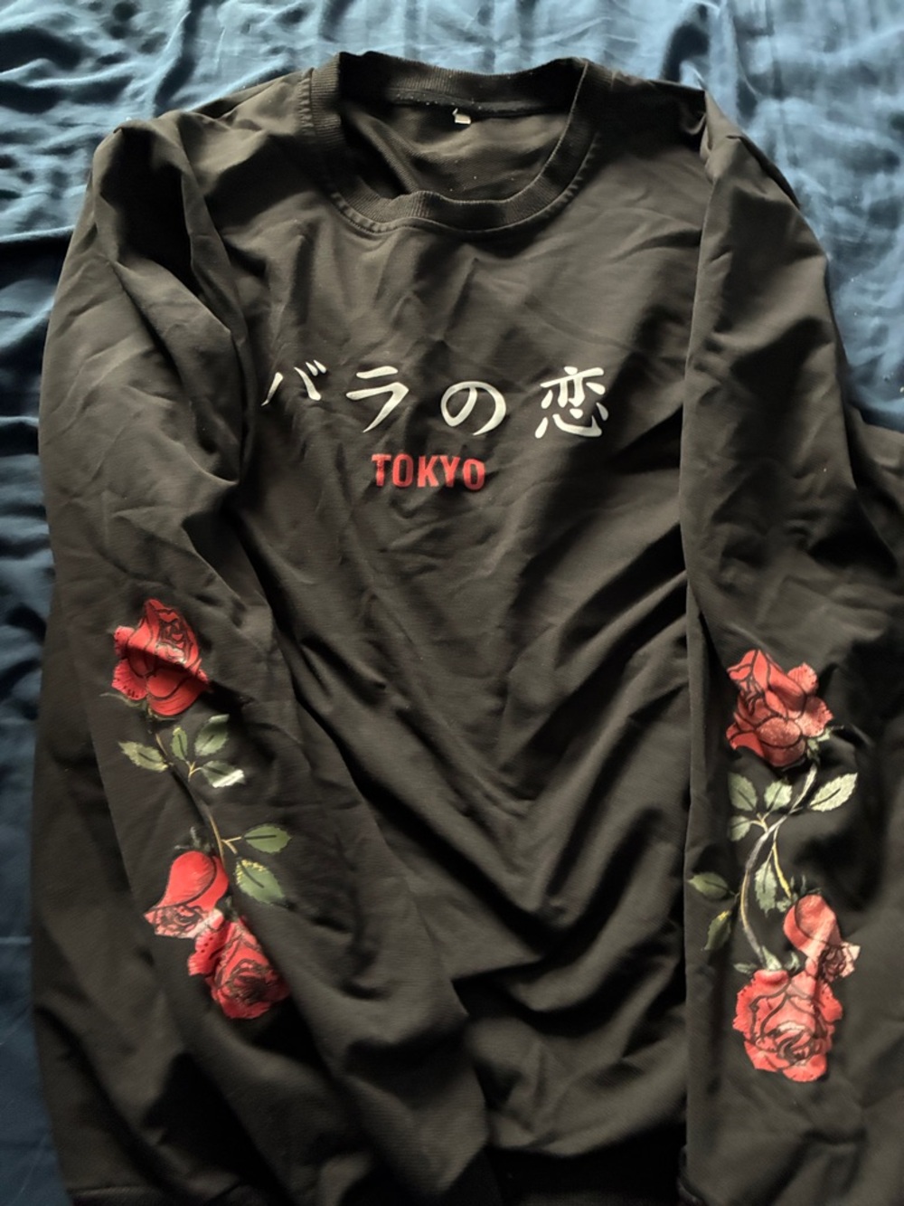 “Tokyo” men’s long sleeve crew neck with roses embroidered onto sleeves